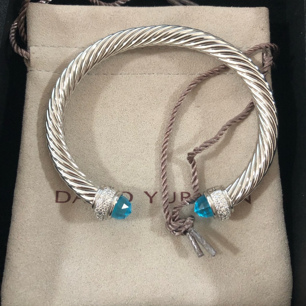 David Yurman Sterling Cable Cuff with Blue Gemstone Terminals - Picture 1 of 4